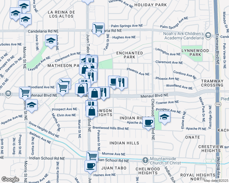 map of restaurants, bars, coffee shops, grocery stores, and more near 11601 Menaul Boulevard Northeast in Albuquerque