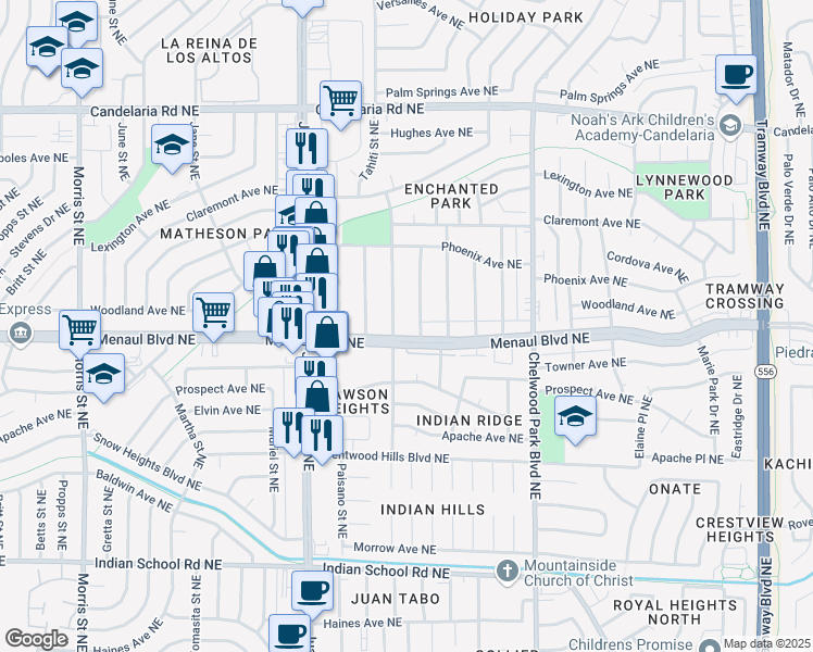 map of restaurants, bars, coffee shops, grocery stores, and more near 11601 Menaul Boulevard Northeast in Albuquerque