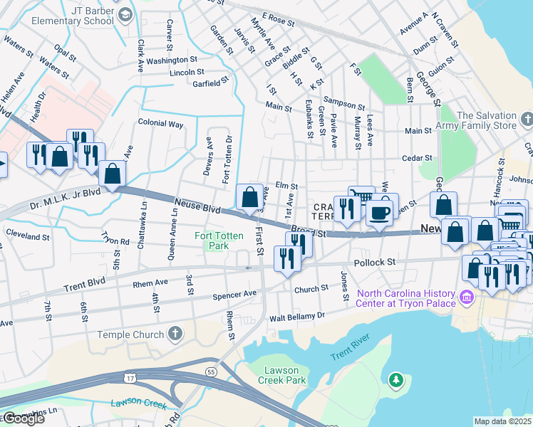 map of restaurants, bars, coffee shops, grocery stores, and more near 506 3rd Avenue in New Bern