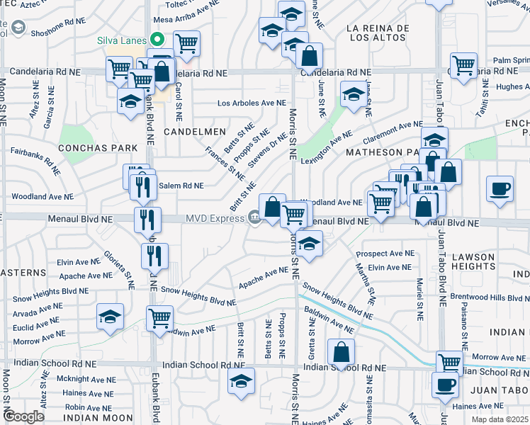 map of restaurants, bars, coffee shops, grocery stores, and more near 10301 Menaul Boulevard Northeast in Albuquerque