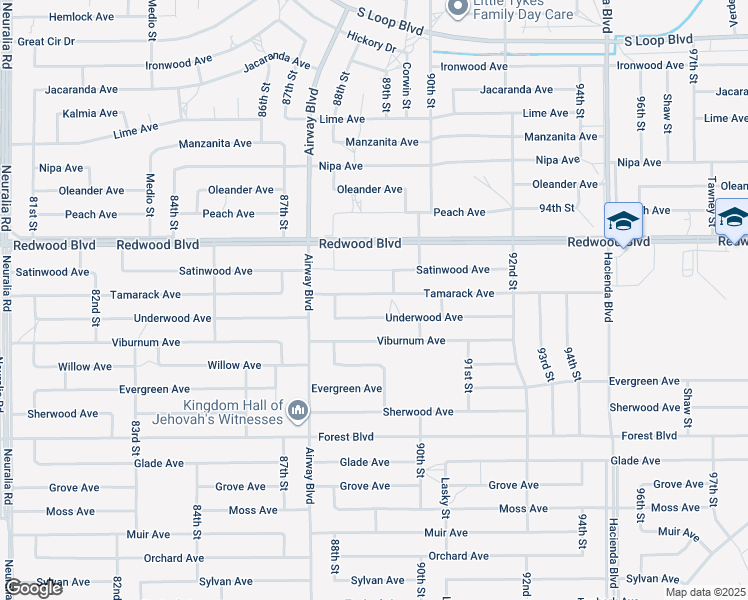 map of restaurants, bars, coffee shops, grocery stores, and more near Tamarack Avenue in California City