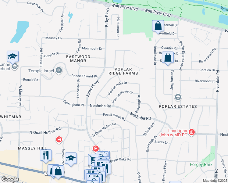 map of restaurants, bars, coffee shops, grocery stores, and more near 1493 Pine Shadows Drive in Memphis