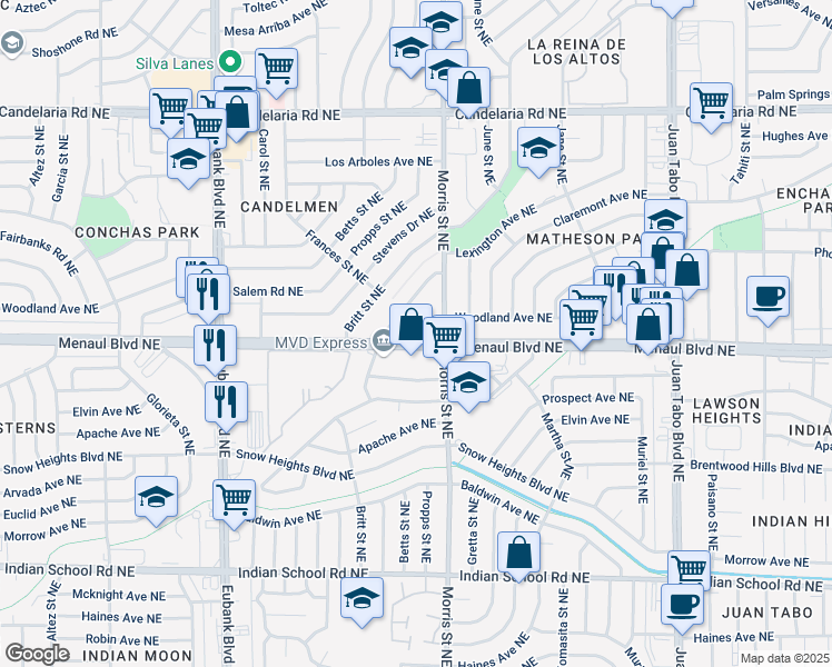 map of restaurants, bars, coffee shops, grocery stores, and more near 10301 Menaul Boulevard Northeast in Albuquerque