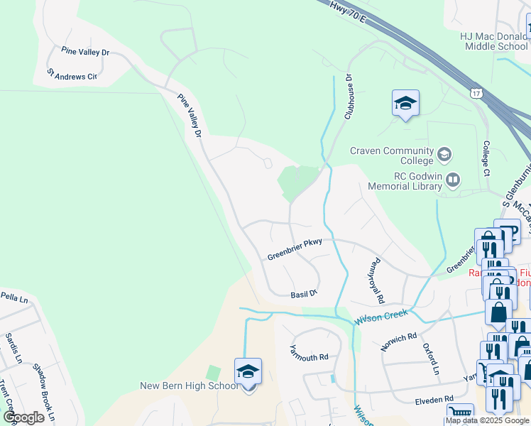 map of restaurants, bars, coffee shops, grocery stores, and more near 4002 Shinnecock Drive in New Bern