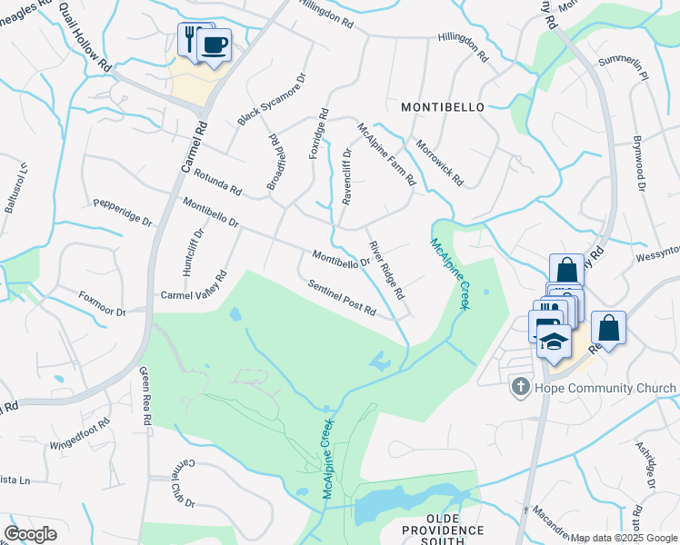 map of restaurants, bars, coffee shops, grocery stores, and more near 4900 Montibello Drive in Charlotte