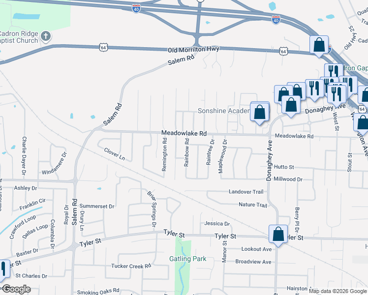 map of restaurants, bars, coffee shops, grocery stores, and more near 2210 Rainbow Drive in Conway
