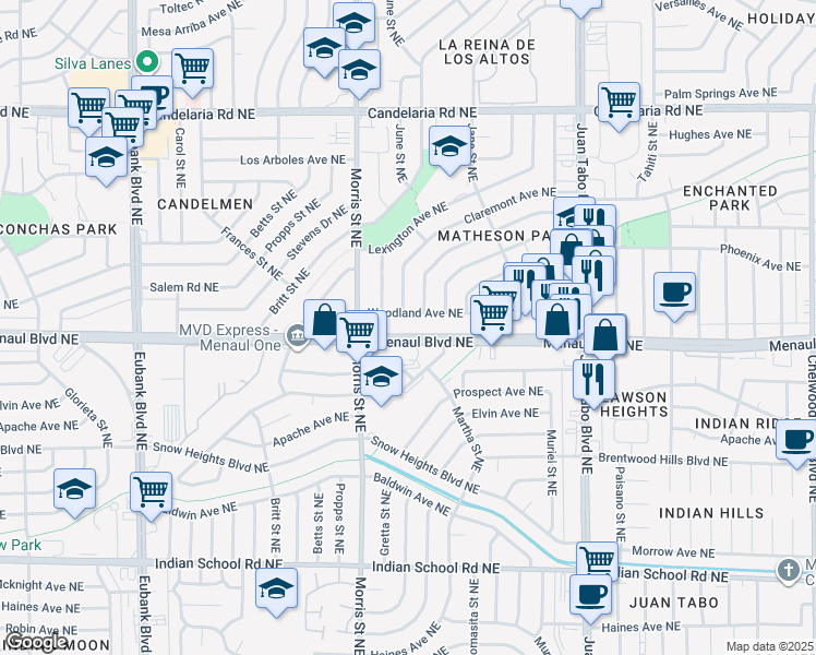 map of restaurants, bars, coffee shops, grocery stores, and more near 10601 Menaul Boulevard Northeast in Albuquerque