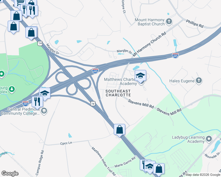 map of restaurants, bars, coffee shops, grocery stores, and more near 2123 Stevens Mill Road in Matthews