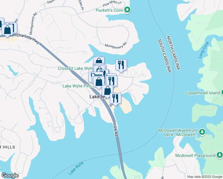 map of restaurants, bars, coffee shops, grocery stores, and more near 474 Blucher Circle in Lake Wylie