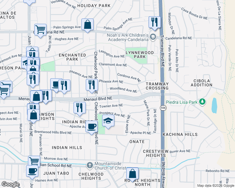 map of restaurants, bars, coffee shops, grocery stores, and more near in Albuquerque