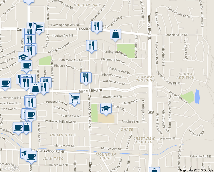 map of restaurants, bars, coffee shops, grocery stores, and more near 12109 Menaul Boulevard Northeast in Albuquerque