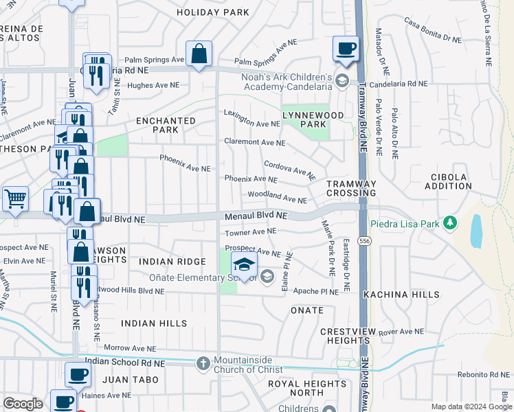 map of restaurants, bars, coffee shops, grocery stores, and more near 12109 Menaul Boulevard Northeast in Albuquerque