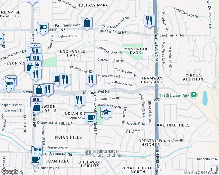 map of restaurants, bars, coffee shops, grocery stores, and more near 12109 Menaul Boulevard Northeast in Albuquerque