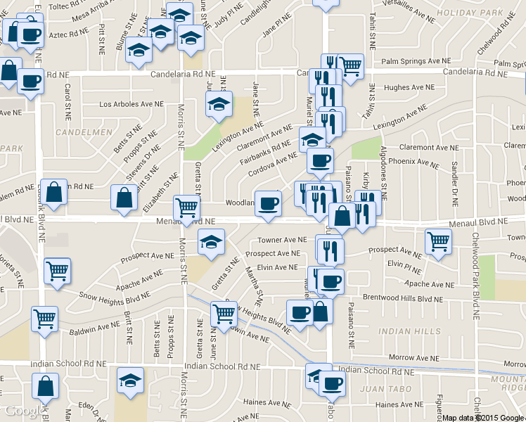 map of restaurants, bars, coffee shops, grocery stores, and more near 2300 Jane Street Northeast in Albuquerque