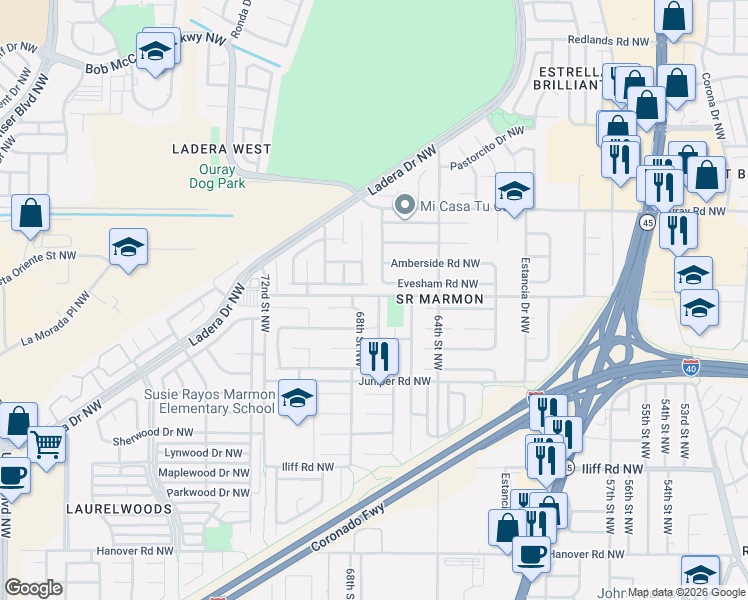 map of restaurants, bars, coffee shops, grocery stores, and more near 2216 68th Street Northwest in Albuquerque