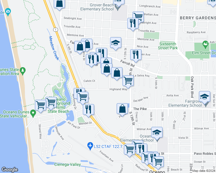map of restaurants, bars, coffee shops, grocery stores, and more near 981 Highland Way in Grover Beach
