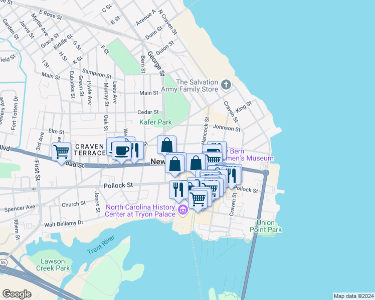 map of restaurants, bars, coffee shops, grocery stores, and more near 407 Metcalf Street in New Bern