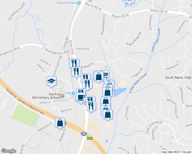 map of restaurants, bars, coffee shops, grocery stores, and more near 9508 Loblolly Lane in Charlotte