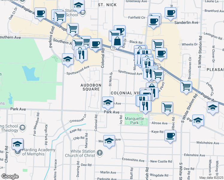 map of restaurants, bars, coffee shops, grocery stores, and more near 807 Saint Nick Drive in Memphis