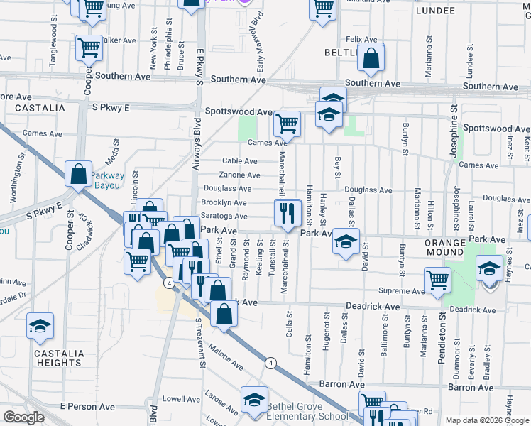 map of restaurants, bars, coffee shops, grocery stores, and more near 2455 Saratoga Avenue in Memphis