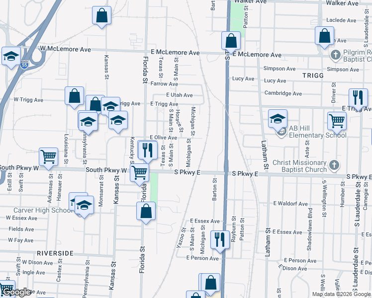 map of restaurants, bars, coffee shops, grocery stores, and more near 1406 Michigan Street in Memphis