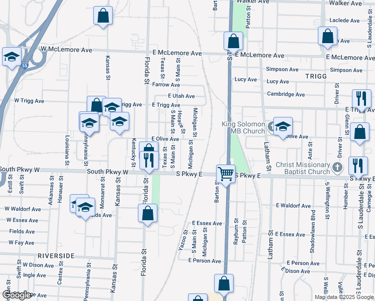 map of restaurants, bars, coffee shops, grocery stores, and more near 1406 Michigan Street in Memphis