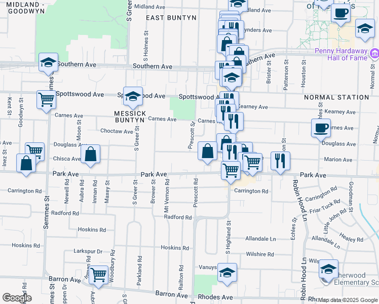 map of restaurants, bars, coffee shops, grocery stores, and more near 1161 South Prescott Street in Memphis