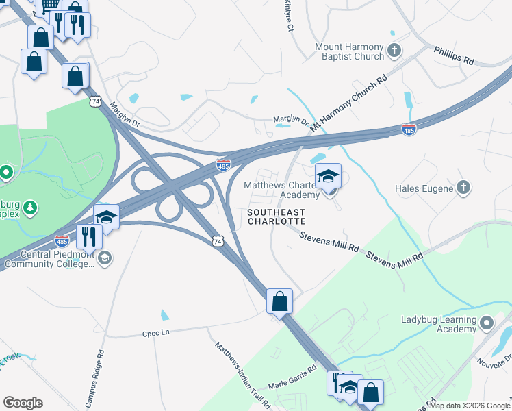 map of restaurants, bars, coffee shops, grocery stores, and more near 2123 Stevens Mill Road in Matthews
