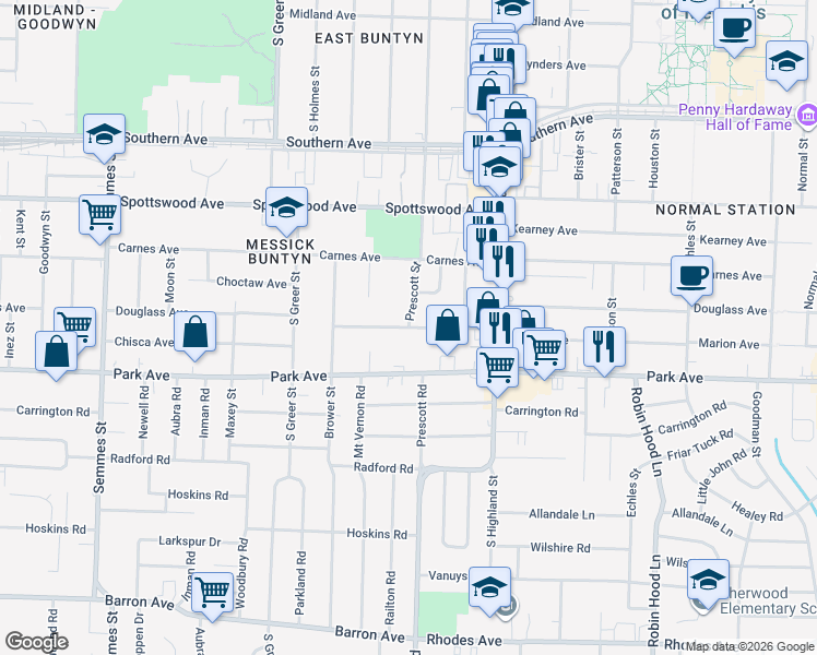 map of restaurants, bars, coffee shops, grocery stores, and more near 3407 Douglass Avenue in Memphis