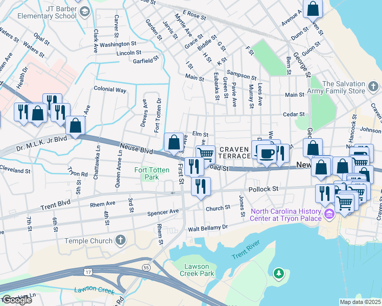 map of restaurants, bars, coffee shops, grocery stores, and more near 513 2nd Avenue in New Bern