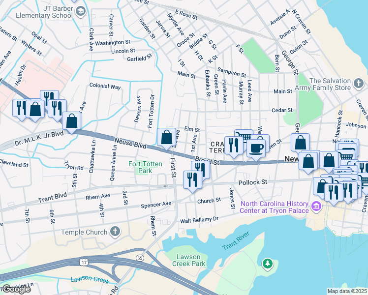 map of restaurants, bars, coffee shops, grocery stores, and more near 513 2nd Avenue in New Bern