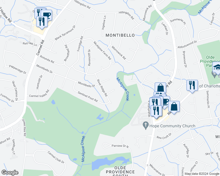 map of restaurants, bars, coffee shops, grocery stores, and more near 5025 Southridge Court in Charlotte
