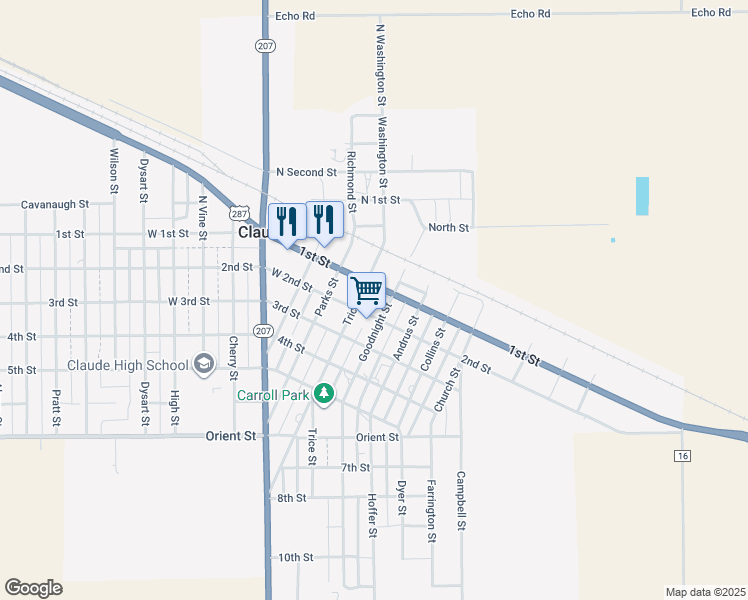 map of restaurants, bars, coffee shops, grocery stores, and more near 101 Trice Street in Claude