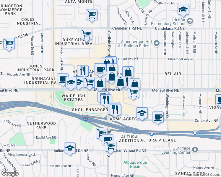 map of restaurants, bars, coffee shops, grocery stores, and more near in Albuquerque