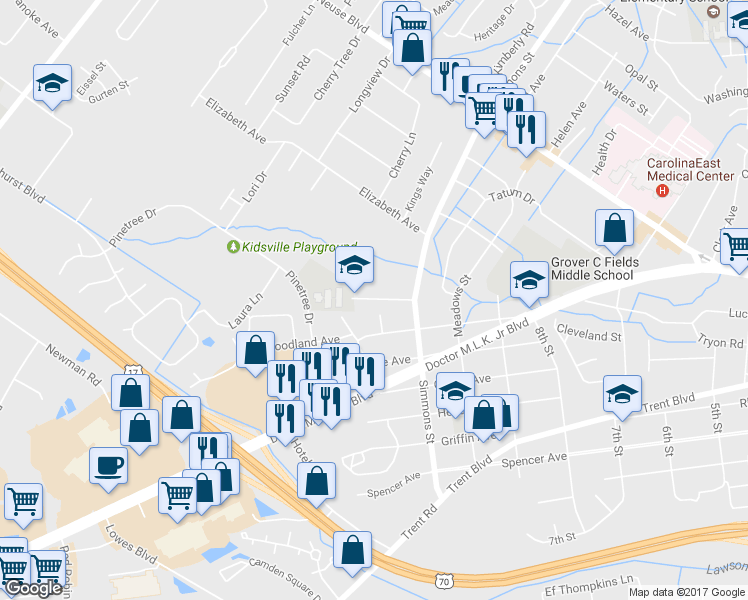 map of restaurants, bars, coffee shops, grocery stores, and more near 2413 Educational Drive in New Bern