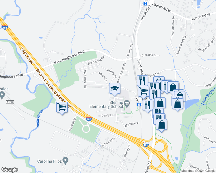 map of restaurants, bars, coffee shops, grocery stores, and more near 1010 Aileen Circle in Pineville