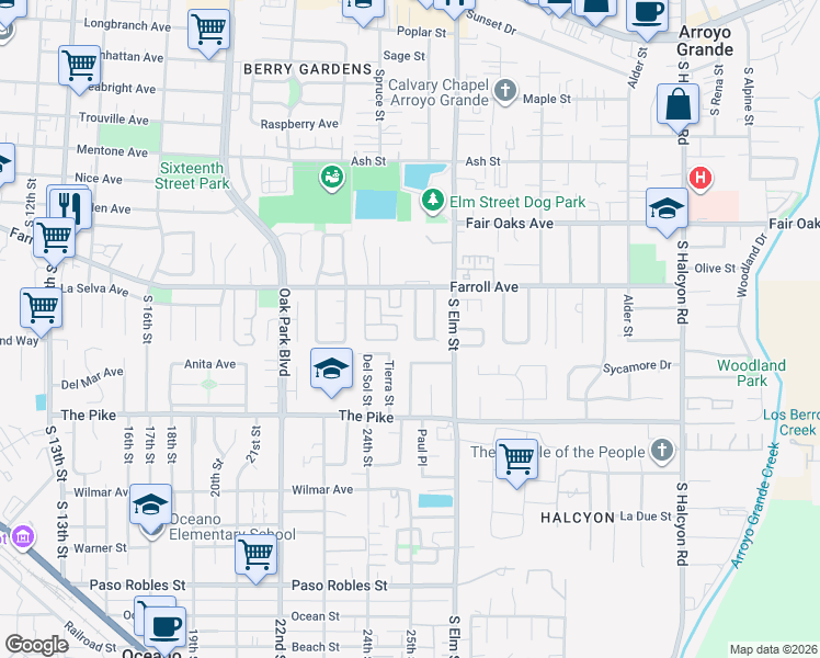 map of restaurants, bars, coffee shops, grocery stores, and more near 544 Carmella Drive in Arroyo Grande