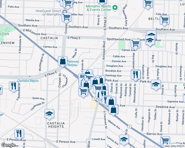 map of restaurants, bars, coffee shops, grocery stores, and more near 1335 Bruce Street in Memphis