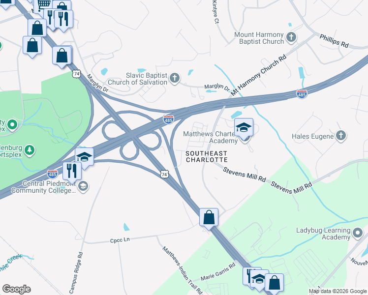 map of restaurants, bars, coffee shops, grocery stores, and more near 2115 Stevens Mill Road in Matthews