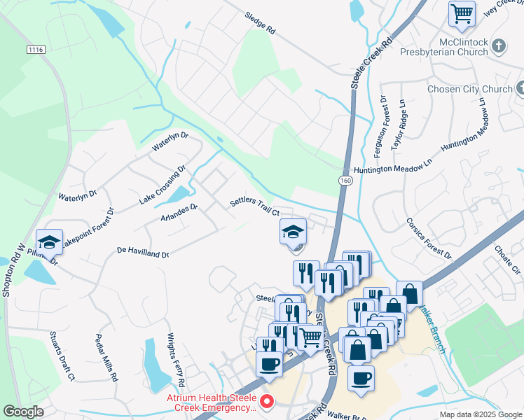 map of restaurants, bars, coffee shops, grocery stores, and more near 12930 Settlers Trail Court in Charlotte