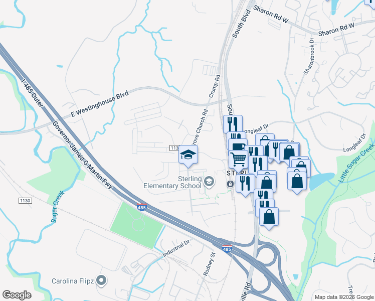 map of restaurants, bars, coffee shops, grocery stores, and more near 9501 China Grove Church Road in Pineville