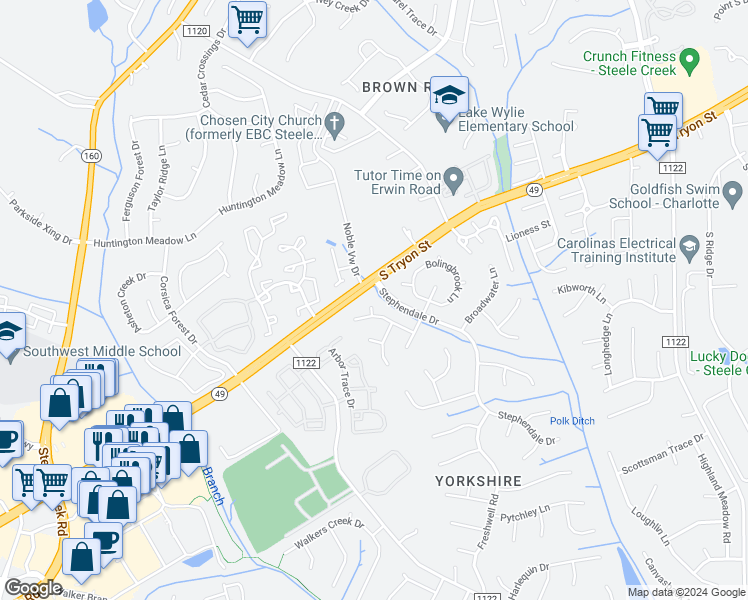 map of restaurants, bars, coffee shops, grocery stores, and more near 12103 Kempshott Court in Charlotte
