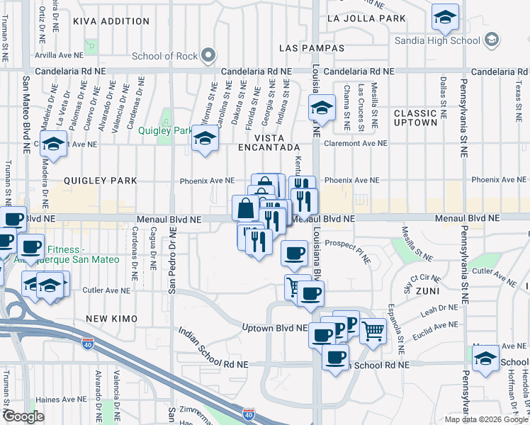 map of restaurants, bars, coffee shops, grocery stores, and more near 6600 Menaul Boulevard Northeast in Albuquerque