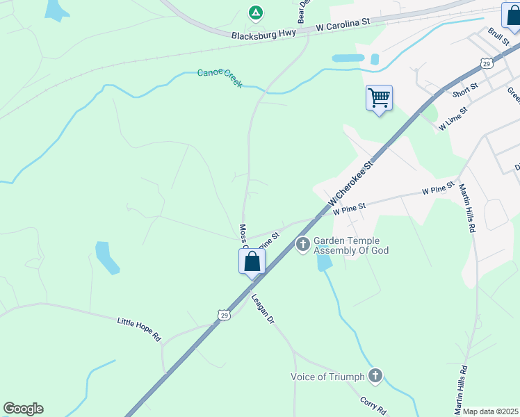 map of restaurants, bars, coffee shops, grocery stores, and more near 320 Moss Crossing in Blacksburg