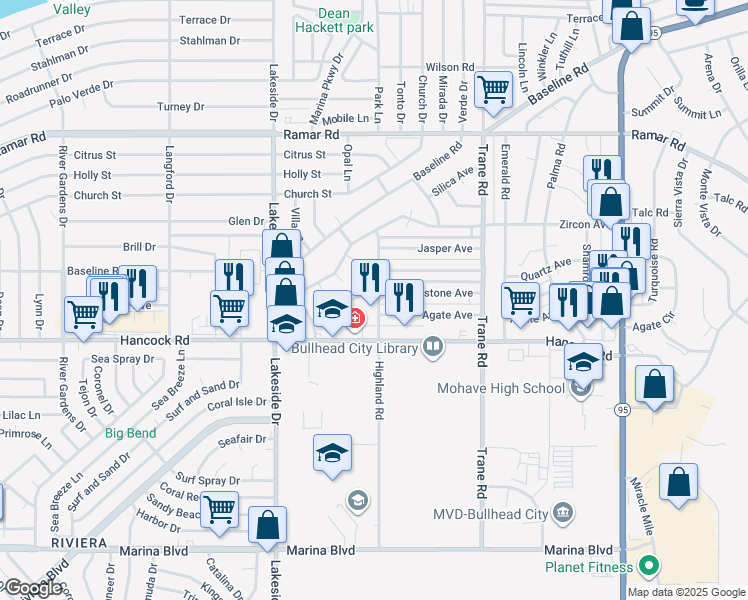 map of restaurants, bars, coffee shops, grocery stores, and more near 1092 Gemstone Circle in Bullhead City