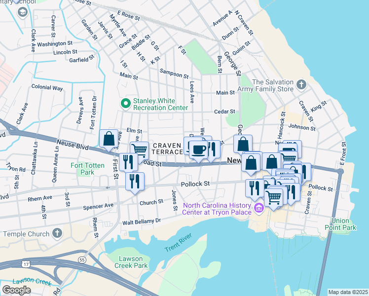 map of restaurants, bars, coffee shops, grocery stores, and more near 586 Roundtree Street in New Bern