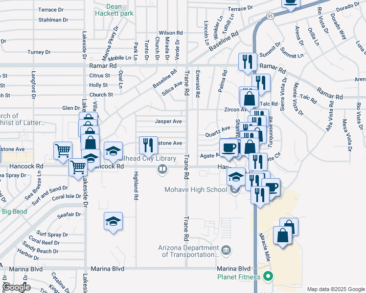 map of restaurants, bars, coffee shops, grocery stores, and more near 1705 Trane Road in Bullhead City
