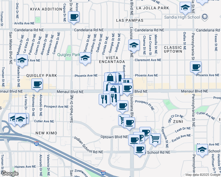 map of restaurants, bars, coffee shops, grocery stores, and more near 6600 Menaul Boulevard Northeast in Albuquerque