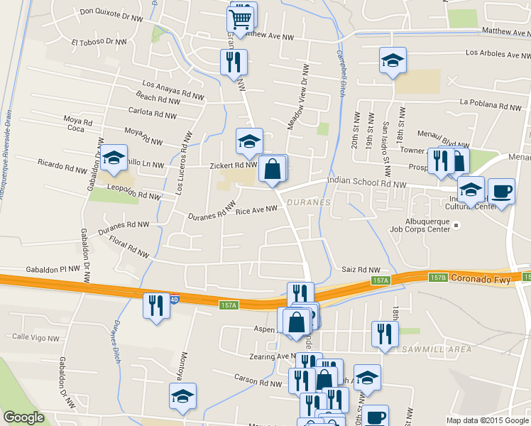 map of restaurants, bars, coffee shops, grocery stores, and more near 2416 Rice Avenue Northwest in Albuquerque