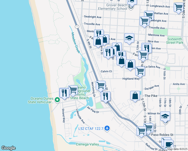 map of restaurants, bars, coffee shops, grocery stores, and more near 1168 Pacific Boulevard in Oceano